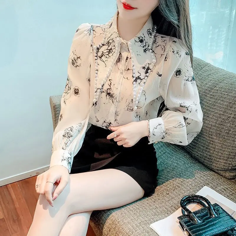 Spring Summer Women Floral Clothing Beading Doll Collar Shirt Vintage Blouse 2024 Women Longsleeve Dress Shirt Woman Overshirt