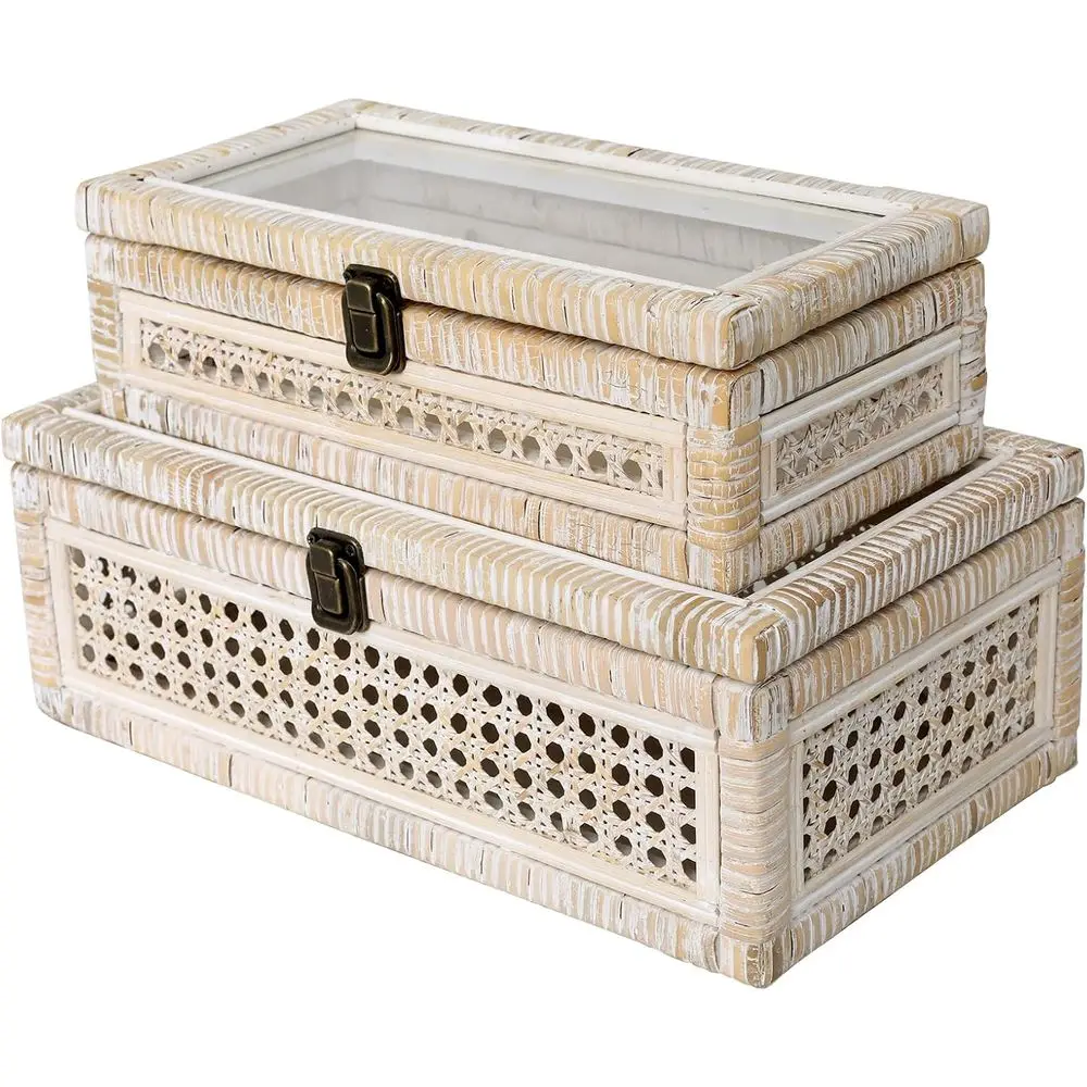 

Rattan and Cane Stacking Boxes with Glass Top Lid - Set of 2 11.8" and 14.1", for Boho and Rustic Farmhouse Decor, White Wash