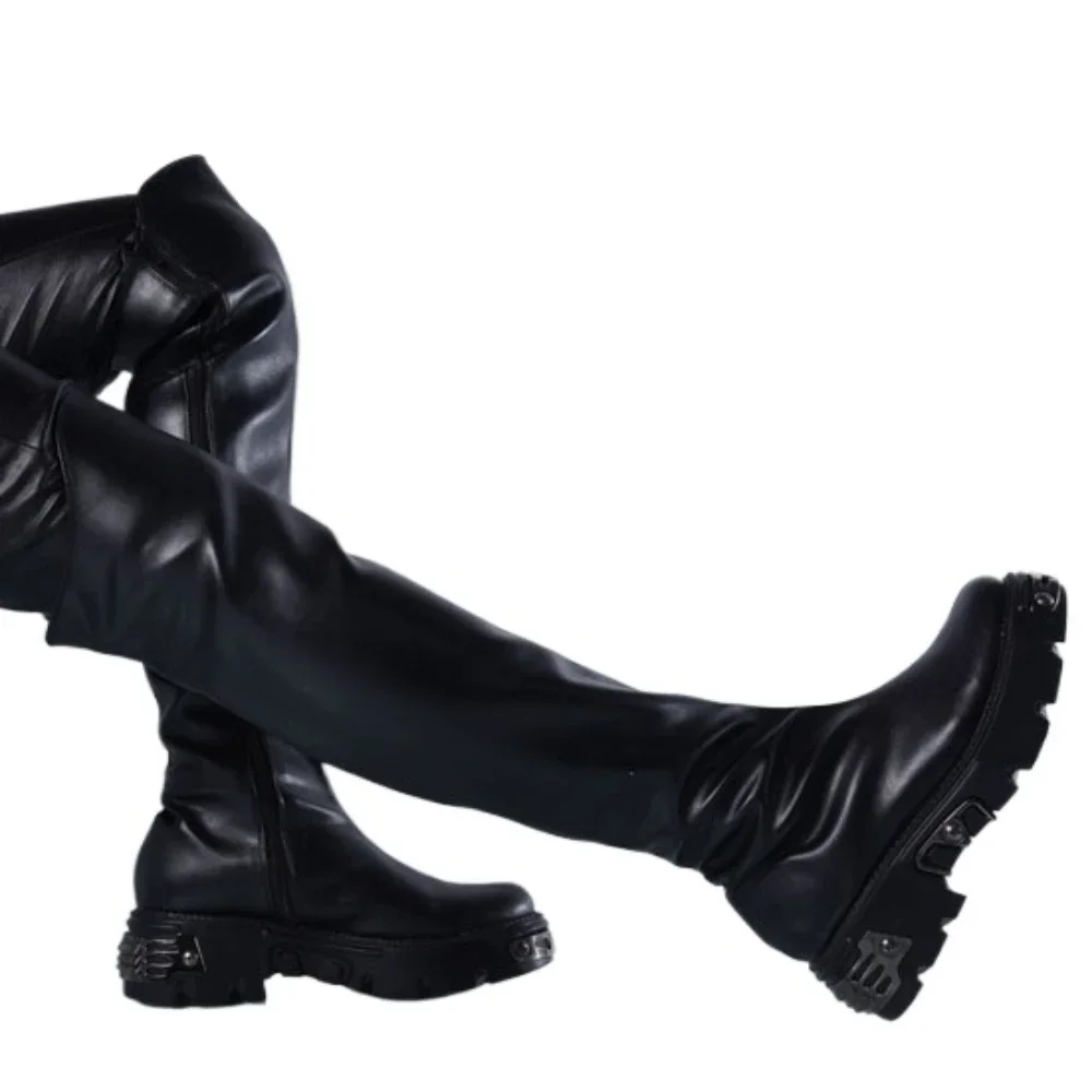 Men\'s High Heels Riding Boots Zip Stage perform Over-the-Knee Boots Shaft Leng Platform Thick Heel Round Toe Metal Tall Boots