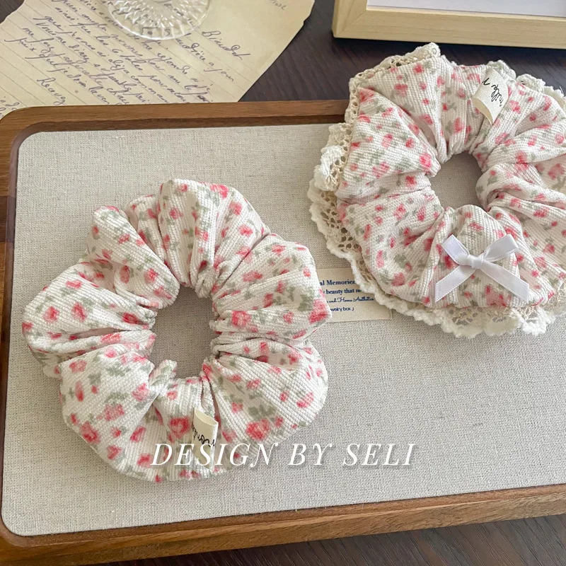 

French Fashion Floral Lace Velet Hair Scrunchies for Girls and Women Handmade Hair Loop