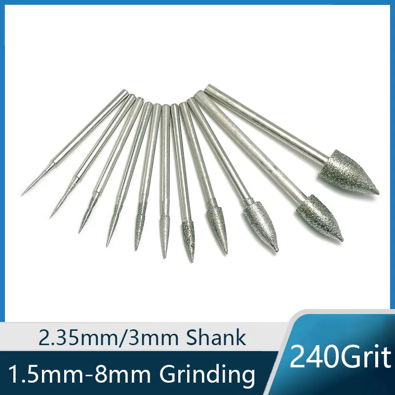 1.5mm-8mm Torch Cylinder Diamond Grinding Head Rotary Burrs 2.35/3mm Shank