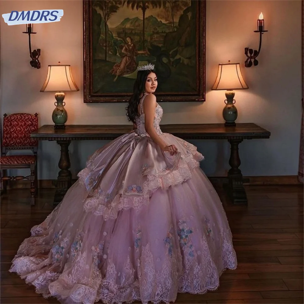 فستان Quinceanera وردي ساخن ثوب حفلة 2024 ساحر مزين بزهور ثلاثية الأبعاد فستان مثير بحزام سباغيتي 16 فستان حفلة Vestidos De 15