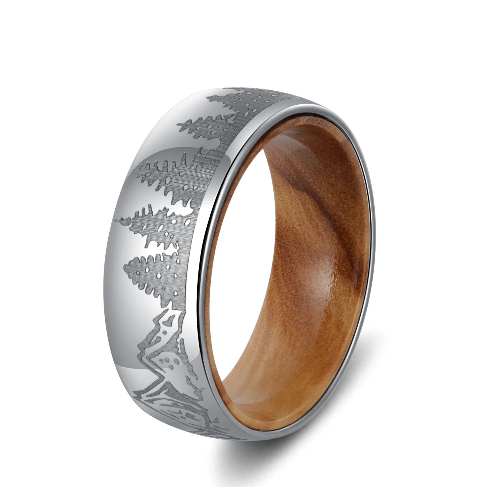 

8MM Width Customized Men Tungsten Finger Rings for Wedding with Natural Whiskey Barrel Wood Liner Sleeve Trees Mountain