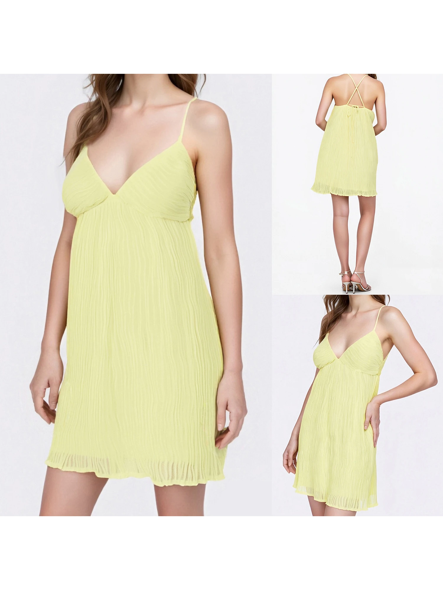 ชุดเดรสสั้นคอวีแขนกุดสำหรับผู้หญิงพร้อมสายรัดไขว้และชุดเดรสชายหาดฤดูร้อนสีทึบเพื่อลุคที่มีสไตล์