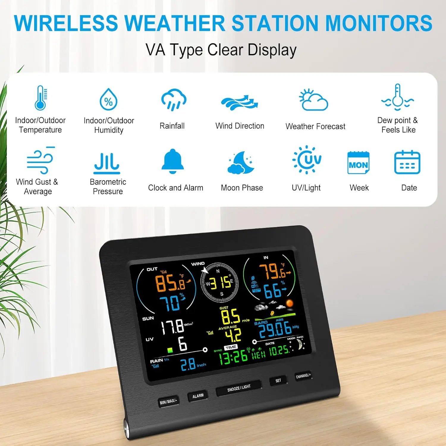 WiFi Weather Station Wireless Indoor Outdoor with Rain Gauge and Wind Speed Wind Direction Weather Forecast Temperature Humidity