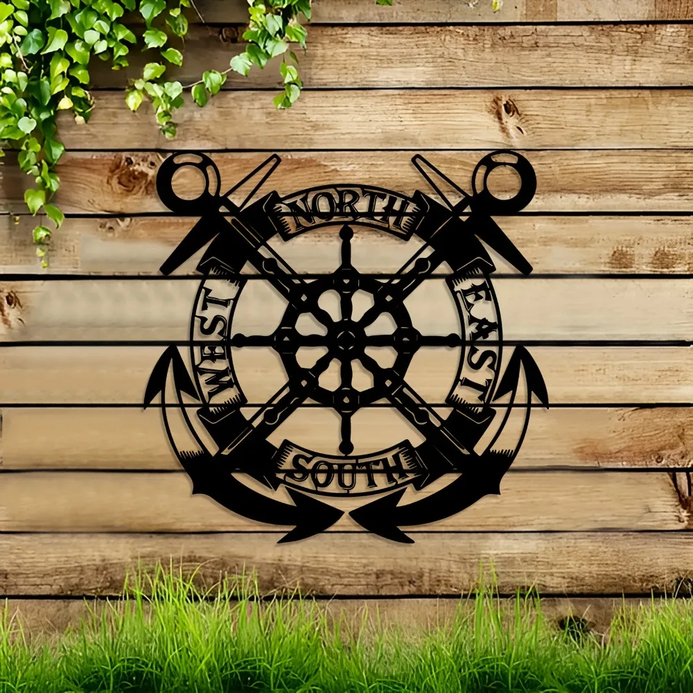 CIFBUY Metal Ship Wheel Wall Art Nautical Compass Design Iron Hanging Decor for Living Room Indoor Home Gift