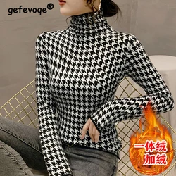 Autumn Winter Thick Warm Turtleneck Basic Top Female Korean Fashion Elegant Houndstooth Slim Long Sleeve T Shirt Women Clothing