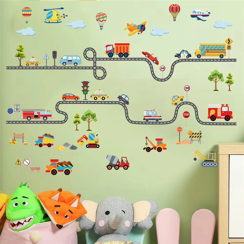 Cartoon Cars Bus Truk On The Way Wall Stickers For Boys Room Kindergarten Background Diy Home Decals Pvc Poster Art Decor