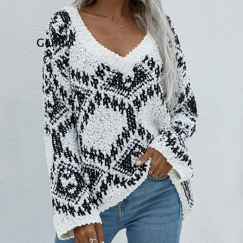 

2022 Autumn Winter Loose Women's Knitwear Sweaters Sexy V-Neck Korean Print Knitted Casual Oversized Knit Sweater Pullovers
