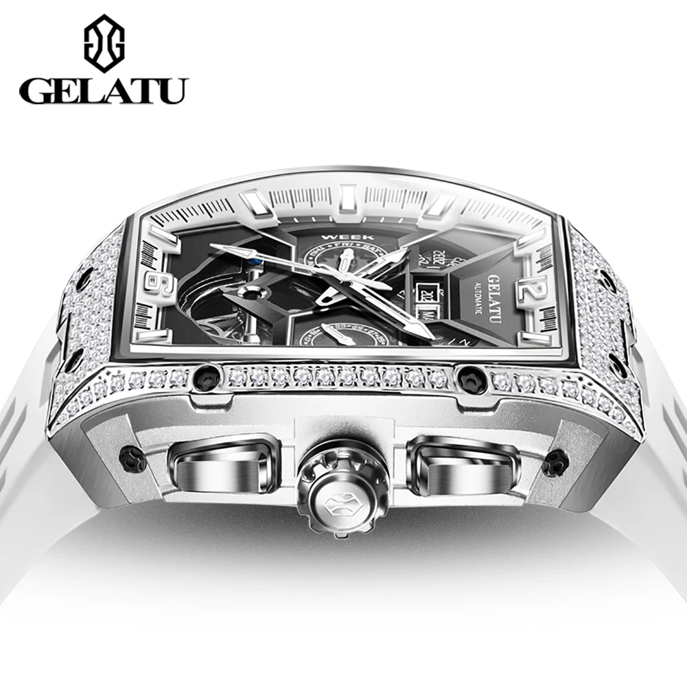 GELATU Top Brand Men's Watches Full Automatic Wristwatch for Man Hollow Mechanical Flywheel Date Week Waterproof Luminous