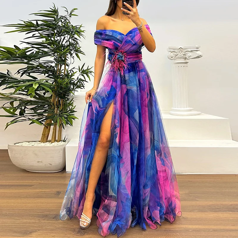 

Vintage Pattern Printed High Waisted Long Dress New One Shoulder Pleat Banquet Swing Dress Spring Summer New Mesh Evening Dress