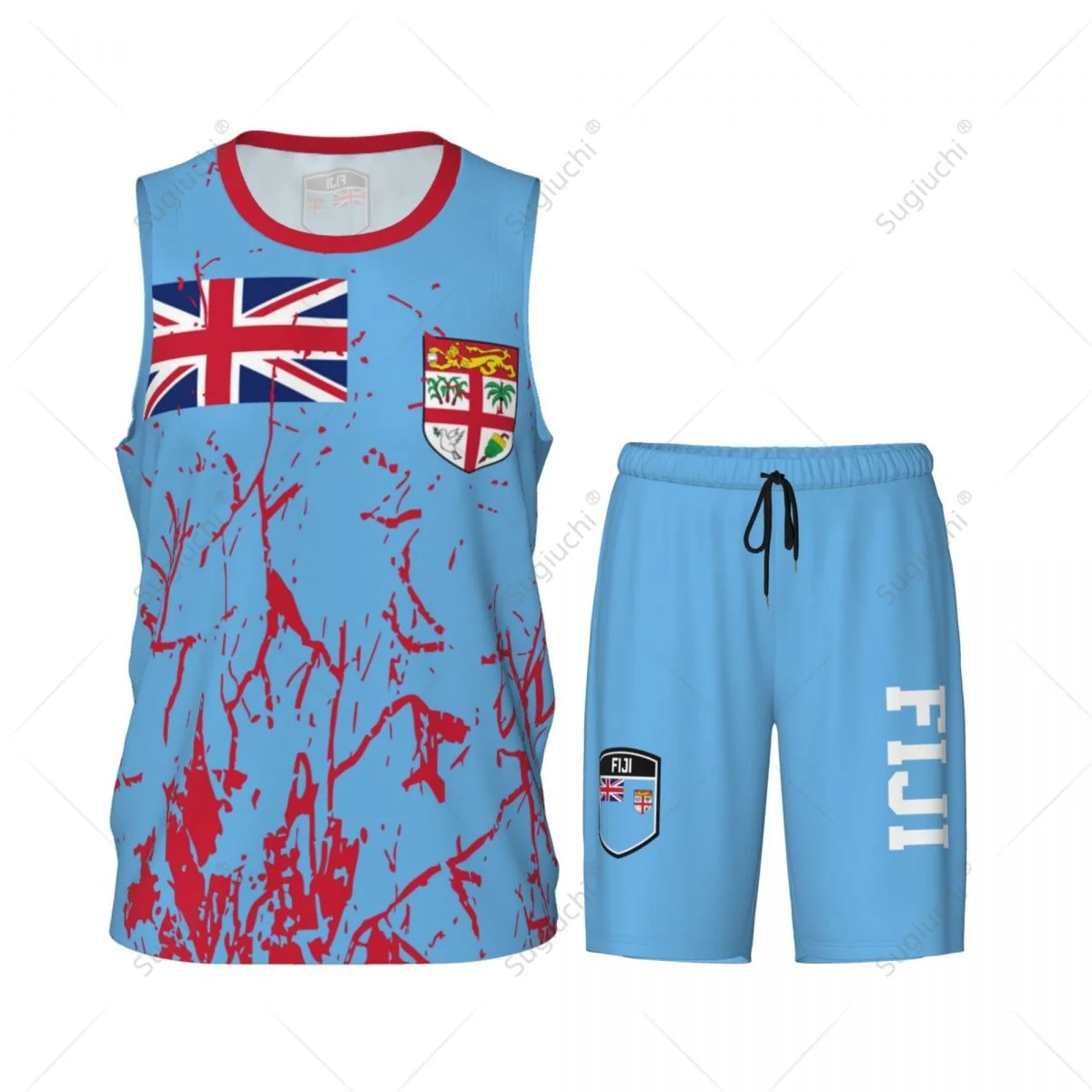 Team-up Fiji Flag Grain Men Basketball Jersey Set Shirt & Pants Sleeveless Custom Name Nunber Exclusive