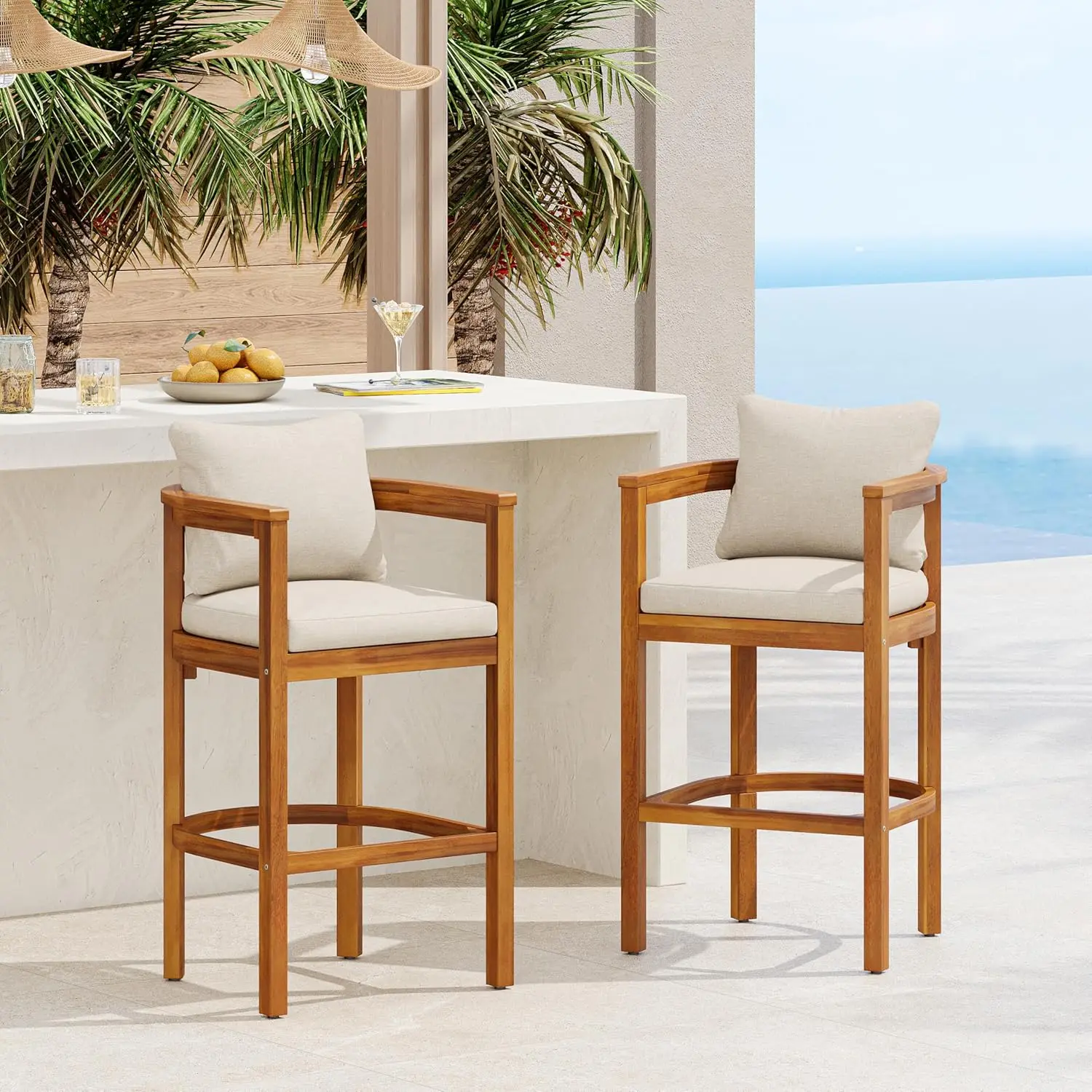 

Outdoor Barstools Set of 2, Acacia Wood with Teak Finish and Removable Beige Cushions, Rustic Backrest Armrest, Customized