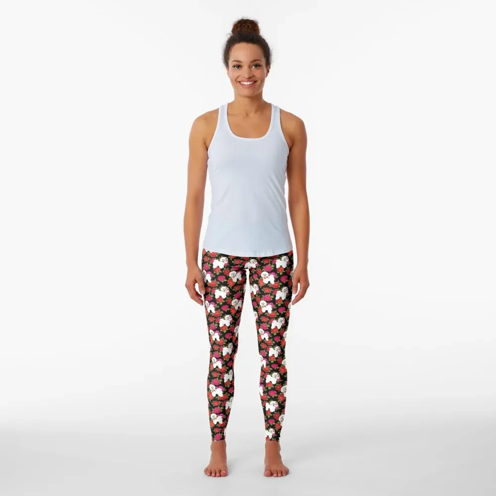 Bichon Frise Red rose, Pink rose Floral Leggings sporty woman gym fitness set gym Womens Leggings