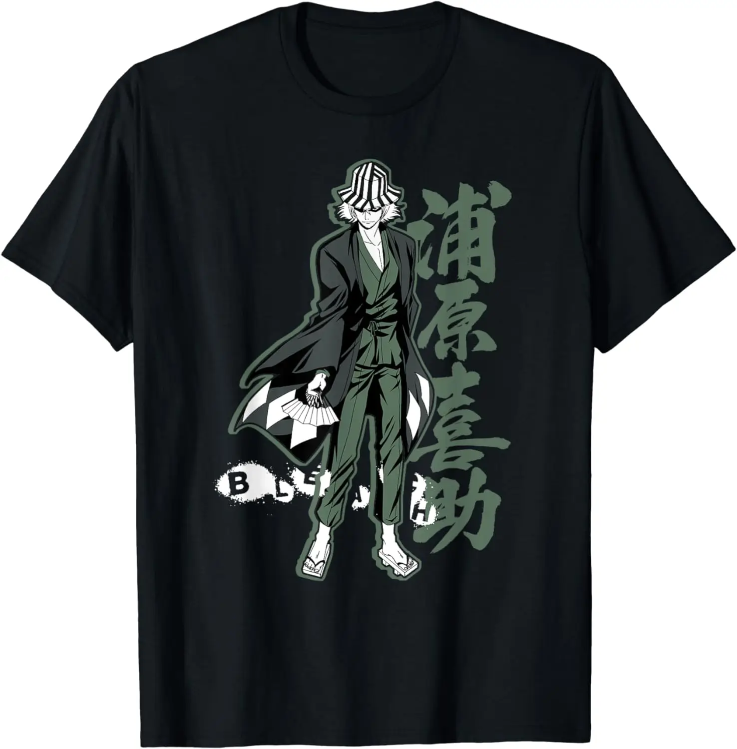 Bleach Kisuke with Vertical Kanji T-Shirt Short Sleeve Tops Tees Cotton Print Tshirts