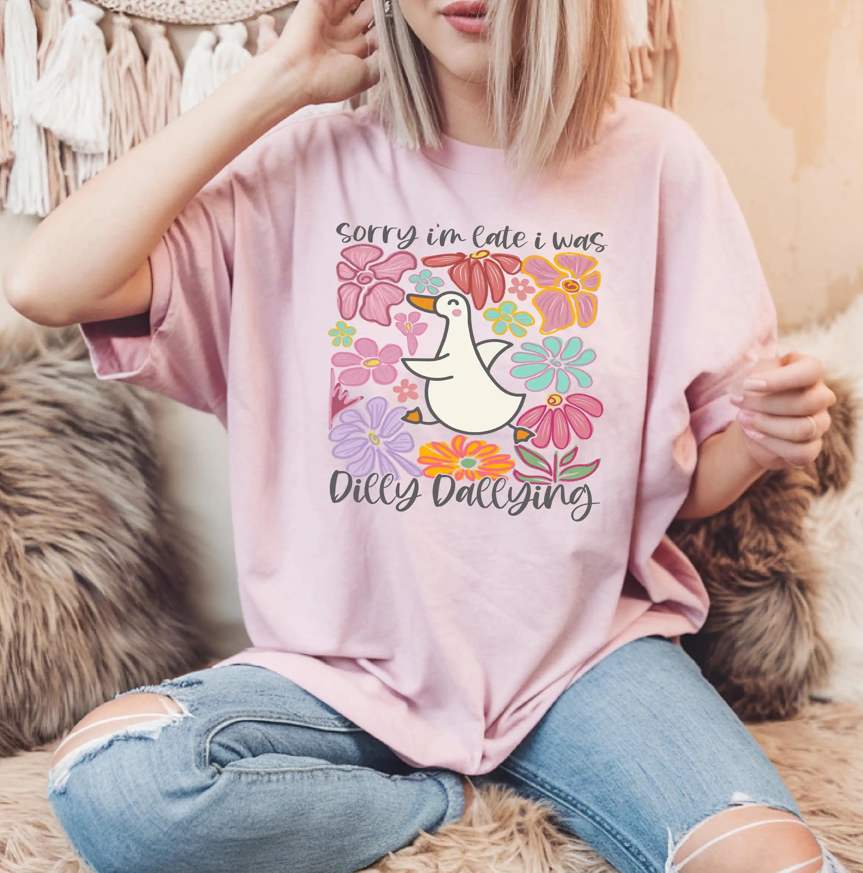 

Извините, я опоздал, футболка Dilly Dallying Goose с цветочным принтом, саркастический ретро, забавный дизайн в стиле бохо, консервативный девчачий цвет