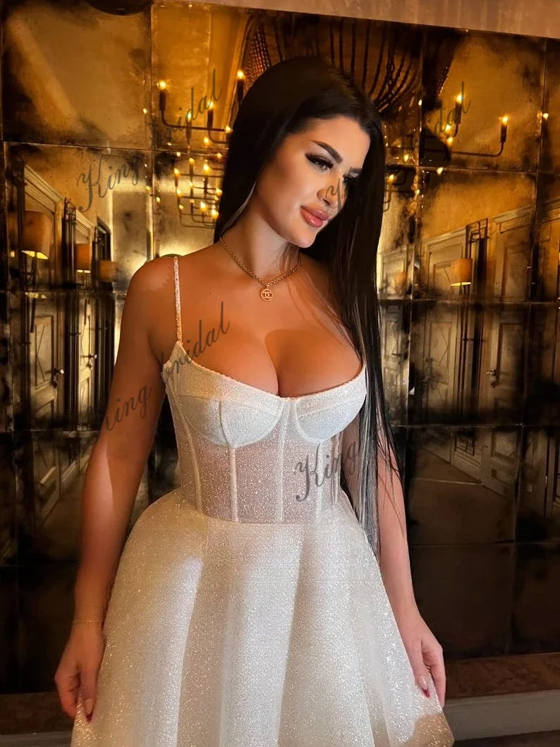 فساتين زفاف قصيرة من Elopement، فستان زفاف مشد، فستان زفاف بسيط لامع، فستان كوكتيل للحفلات الراقصة