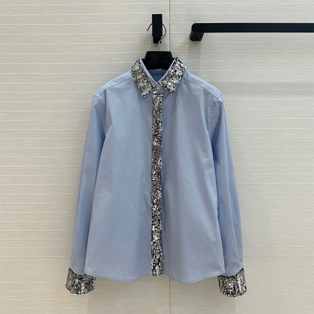 Elegantes Damen-Frühlingshemd Luxuriöses Pailletten-Besticktes Patchwork-Langarmhemd mit Revers und Einreiher-Design