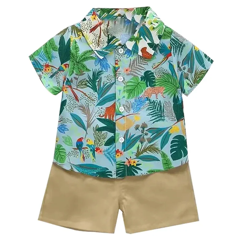 Conjunto de pantalones cortos de manga corta de verano para bebé de 0 a 5 años, camisa de manga corta estampada estilo playero + conjunto de dos piezas de pantalones casuales