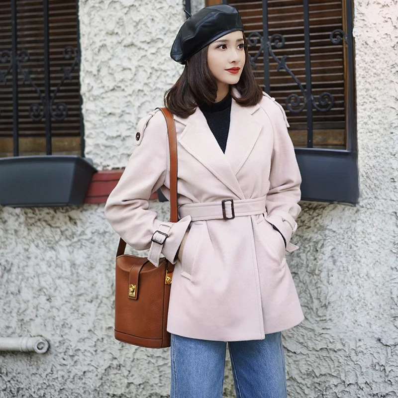 

Elwing Original Winter Vintage Hepburn Sle Waist-Cinching ort Double-Faced Woolen Coat Jaet Retro Commute Straight Cut