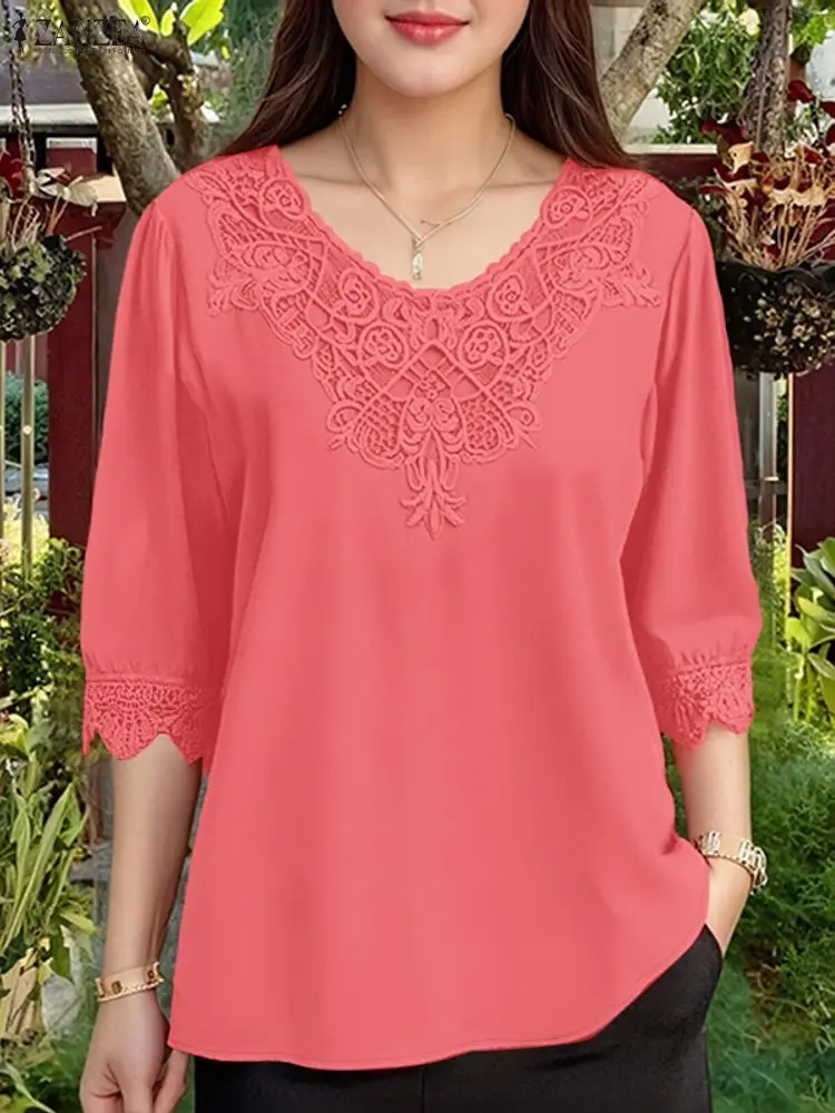 

2025 ZANZEA Summer Lace Patchwork Blouse Stylish Women Tops Elegant Office Work Shirt Casual V Neck Half Sleeve Blusas Oversize