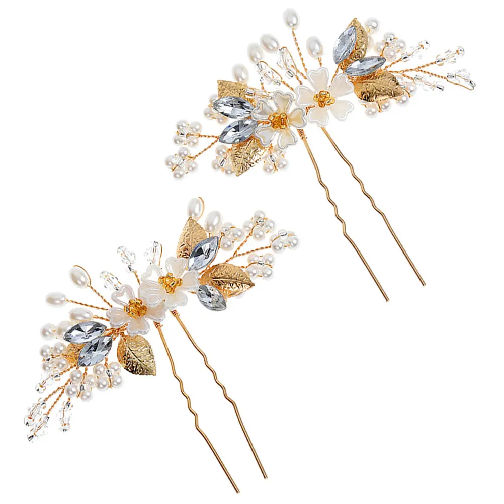 

1Pair Pearl Flower Hairpin Rhinestone Bridal Hair Pins Bridesmaid Wedding Hair Accessories Elegant U-Shaped Bobby Pins for Women