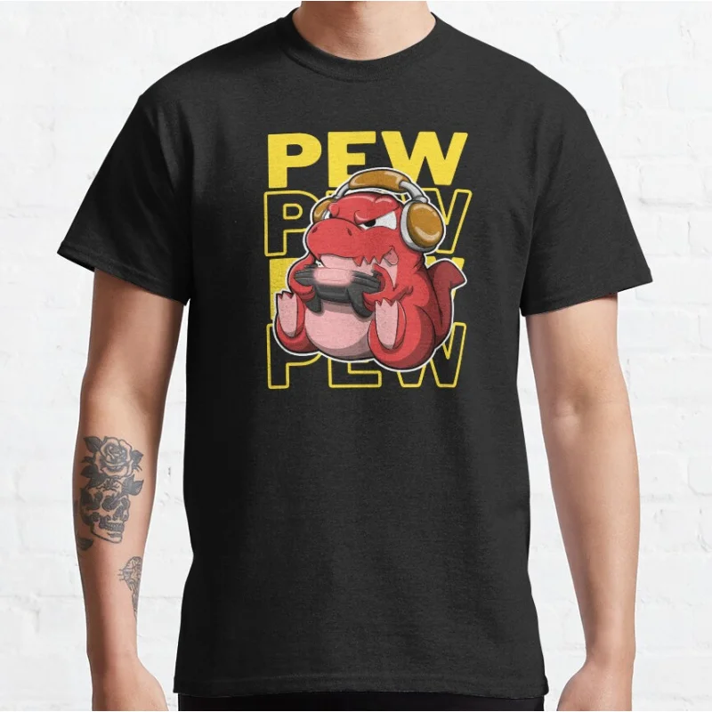 

Pew Pew Gaming Dinosaur Tyrannosaurus Rex Funny 90s cartoon cute video game dinosaur T-shirt for men large size Adult Tops