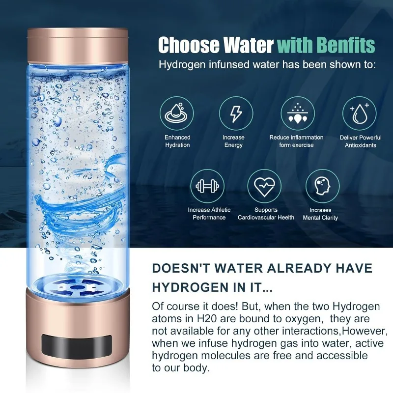 Hydrogen Water Bottle, Rechargeable Portable Hydrogen Water Generates Real 2000ppb Hydrogen Water Bottle Generator