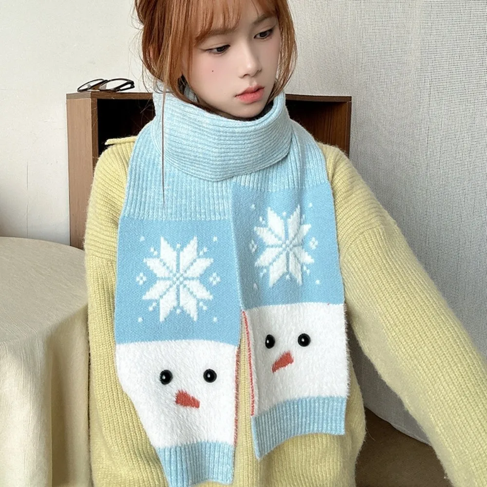 Fashion Snowflake Snowman Pattern Scarf Korean Style Lightweight Cashmere Blend Scarf Blue Warm Knitted Shawl Gift