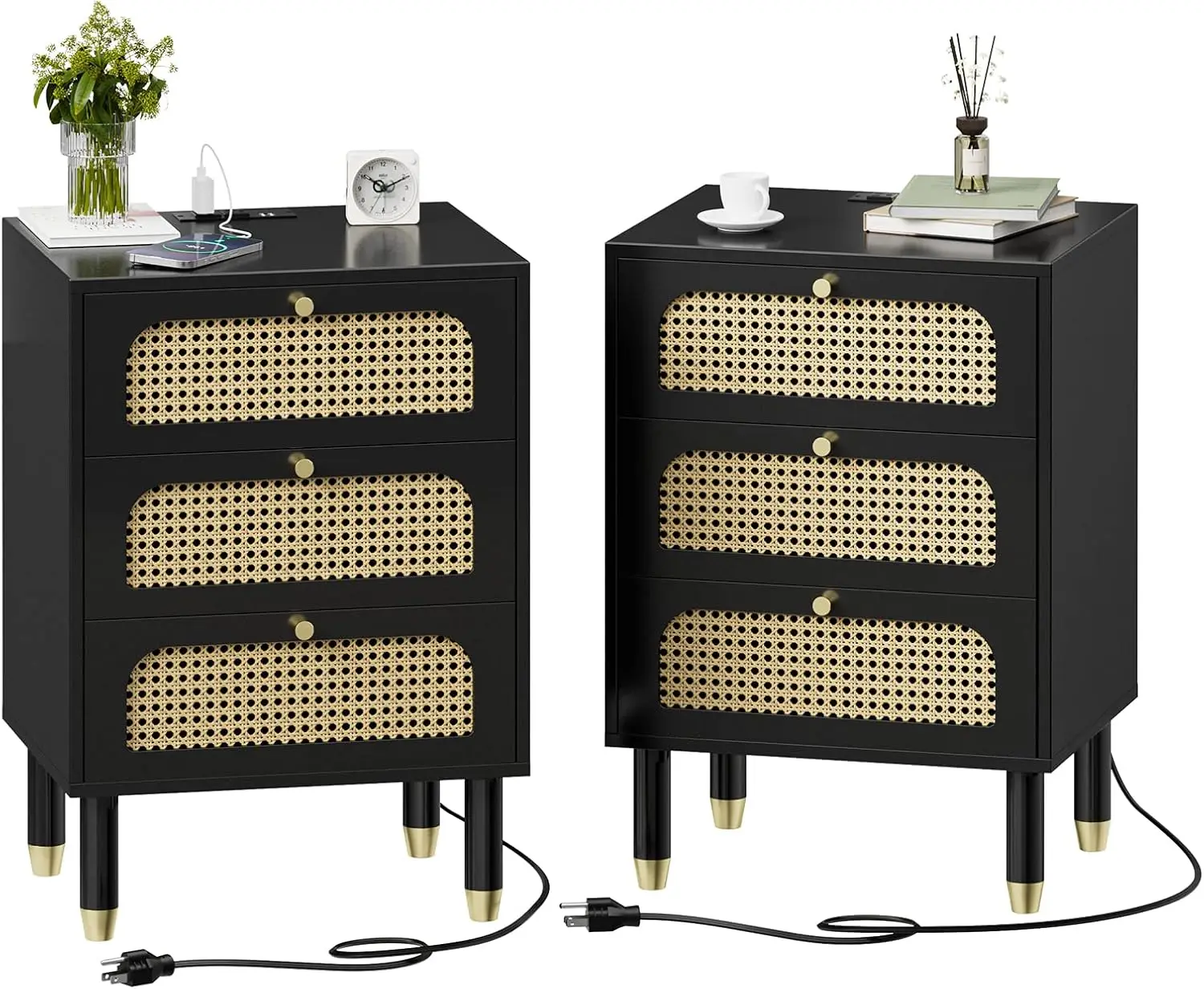 27' Black Rattan Nightstand Set of 2 with Charging Station, 3 Drawers, Boho Modern Bedside Tables (2 Pack)