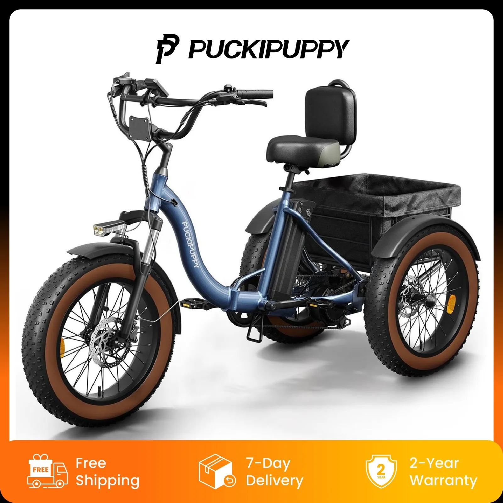 

PUCKIPUPPY Electric Tricycle for Adults 20" Fat Tire 3 Wheel Electric Trike 55Miles Range 25MPH Cargo Tricycle with Basket