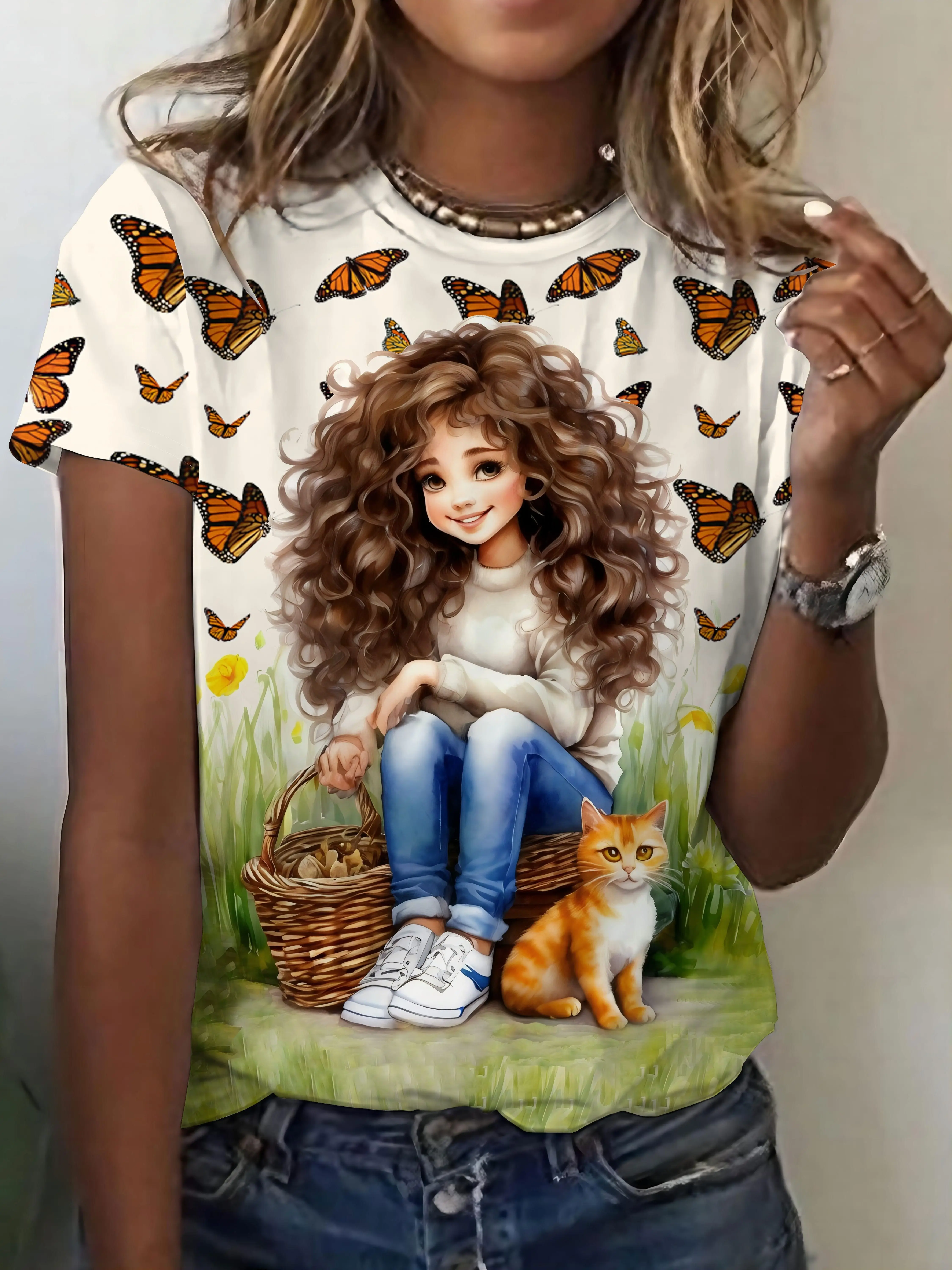 Women's Tee - Girl with Tabby Cat & Monarch Butterflies Graphic, Whimsical Countryside Scene Design for Casual Daily Wear