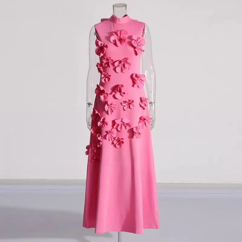 

Модное роскошное вечернее платье макси с 3D аппликацией и цветком для женщин, длинное платье трапециевидной формы с воротником-стойкой и большим бантом на спине