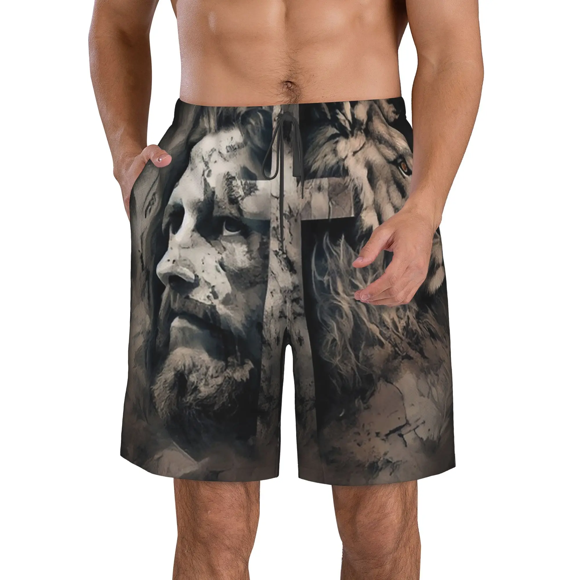 Jesus Christ and Christian Cross Dark Trunks Beach Board Shorts Casual Quick Dry Swim Summer Men Pants