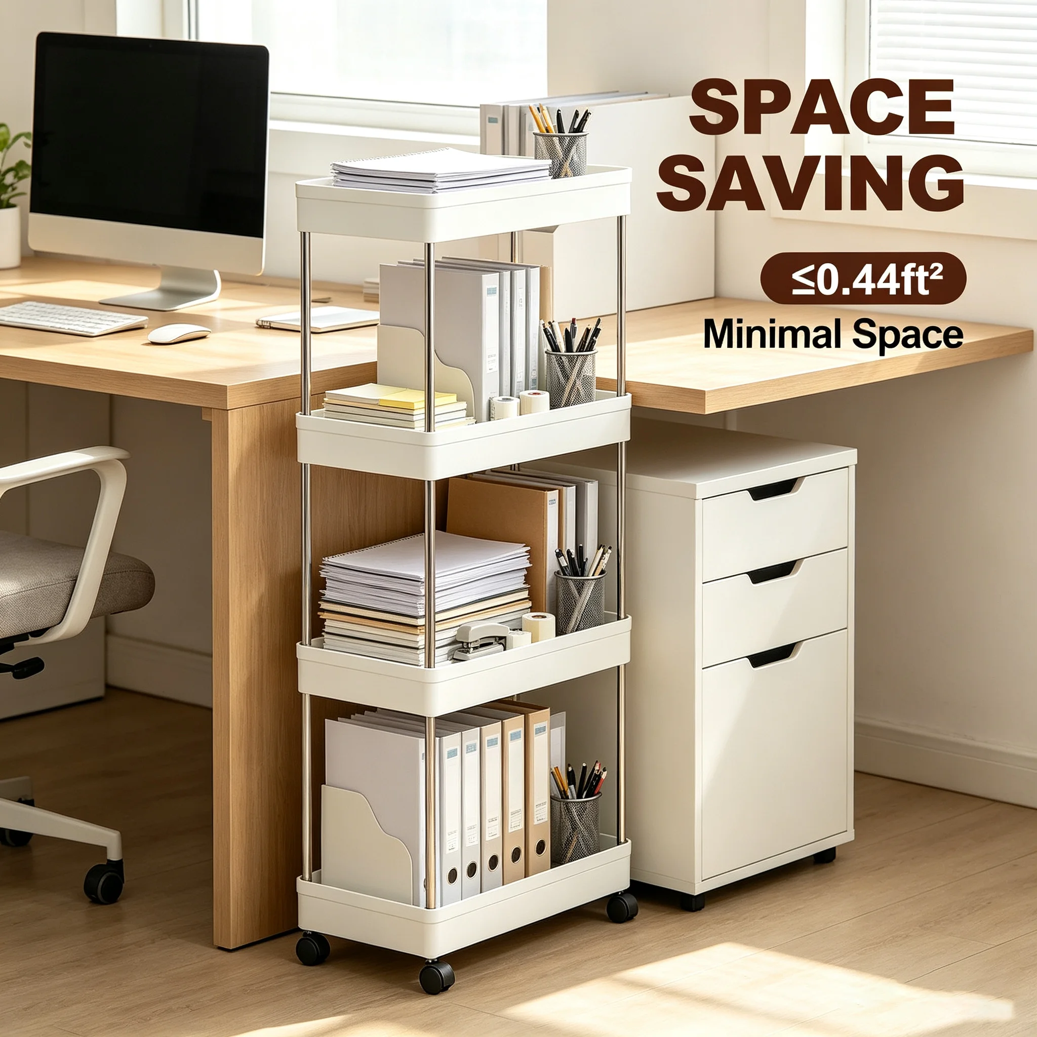 Multi-layer Office Rolling Storage Trolley with Casters, Mobile Document & Stationery Organizer, Black & White Available