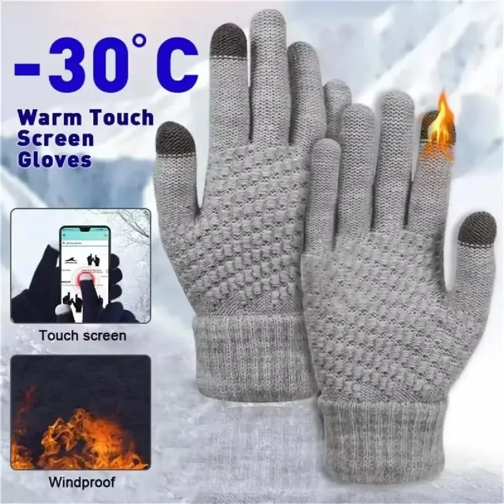 New Men Women Warm Winter Touch Screen Glove Stretch Classical Knit Mittens Wool Full Finger Outdoor Cycling Driving Female