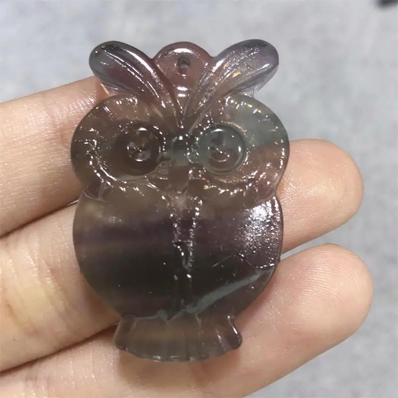 Natural Rainbow Fluorite Owl Pendant Hand Carved Quartz Gemstone Nighthawk Necklace Healing Crystal Stone Charms Jewelry Gift