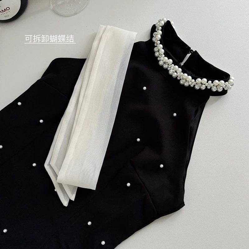 Women'S O-Neck Beaded Color Block Black Mini Skirt Summer Sleeveless Chic Dress