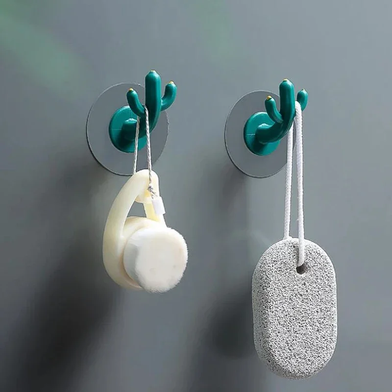 Plastic Self-Adhesive 2/4-Hook Key Rack Creative Cactus Hook Rail Hanger, Hanging Coat, Hat, Robe Towel for Bathroom Kitchen