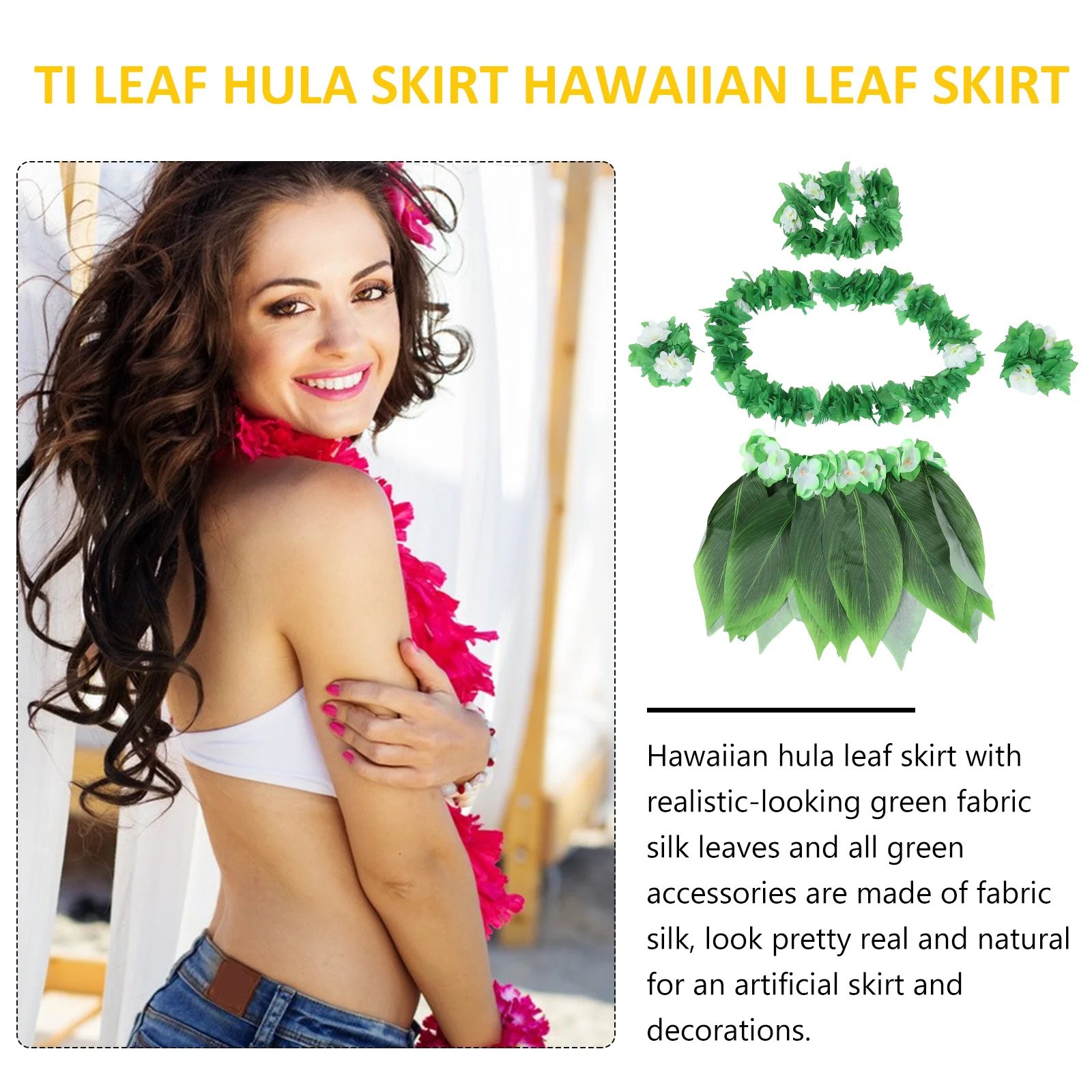 

5pcs Hawaiian Party Supplies Set 30" Waist Green Fabric Silk Leaf Hula Skirt Headband Necklace Bracelets For Luau Beach Theme