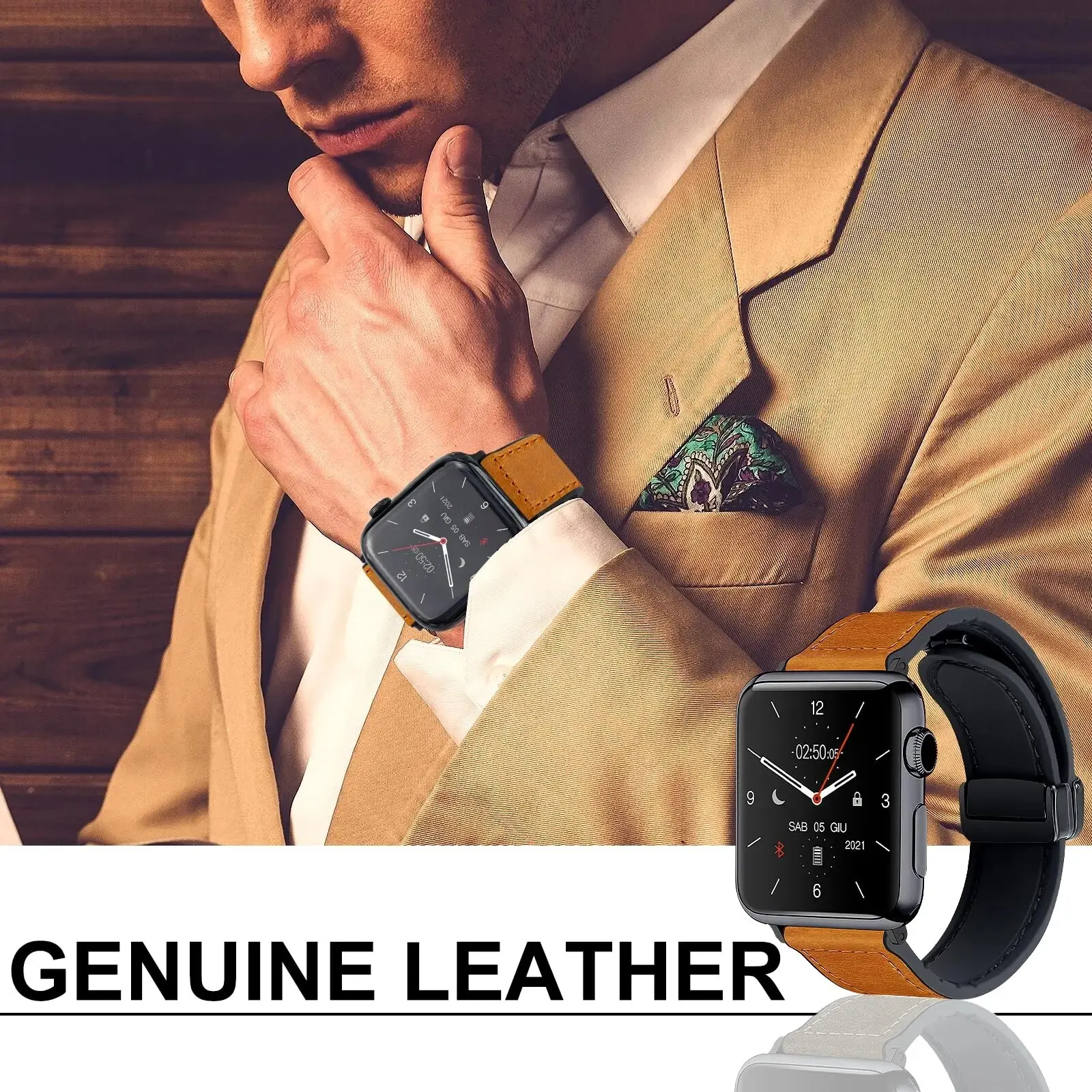 Magnetic Strap for Apple watch band 44mm 40mm 45mm 41mm Genuine Leather+silicone bracelet iWatch series 9 8 7 6 se ultra 2 49mm