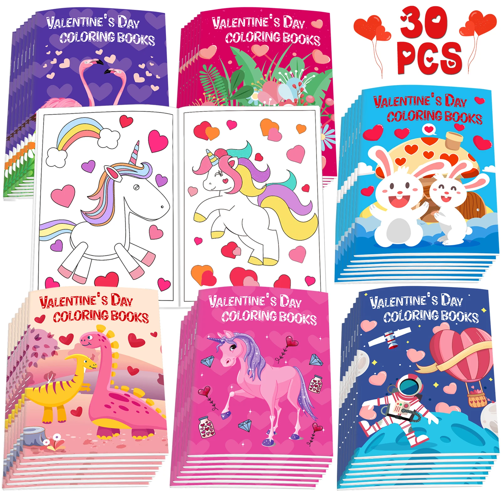 30Pcs Valentines Day Coloring Books for Kids 4-8, 8-12, Valentine's Party Favors Bulk Gifts Includes Dinosaur More Designs Goodi