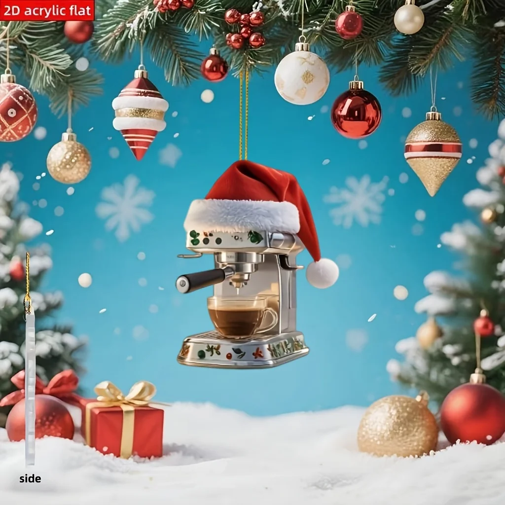 3pcs 2D Acrylic Coffee Machine Pendant Christmas Coffee Machine Decoration Holiday Coffee Machine Charm Adorable Xmas Tree Decor
