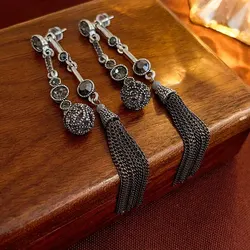 Antique Silver Rhinestone Earring For Women Round Ball Long Fringe Tassel Earrings Retro Style Simple Drop Earrings for Party K-