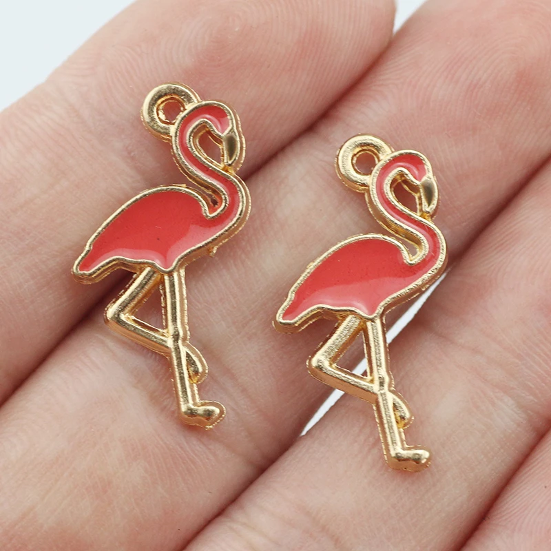 10piece 15x25mm Red  Pink Enamel Gold Color Zinc Alloy Flamingo Drop Oil Charms Pendants DIY Handmade Craft For Jewelry Making