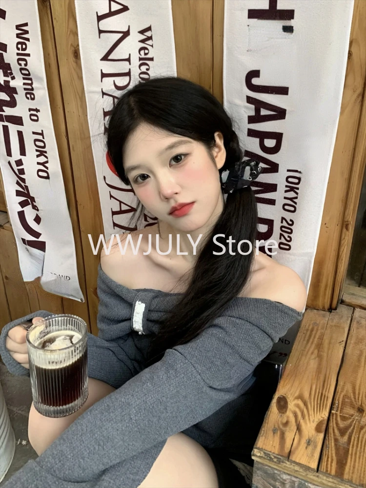 2000s Harajuku Woman Korean Fashion Suit Off Shoulder Casual Tops + Slim Lace Y2k Mini Skirt Hot Girls Elegant Set Female