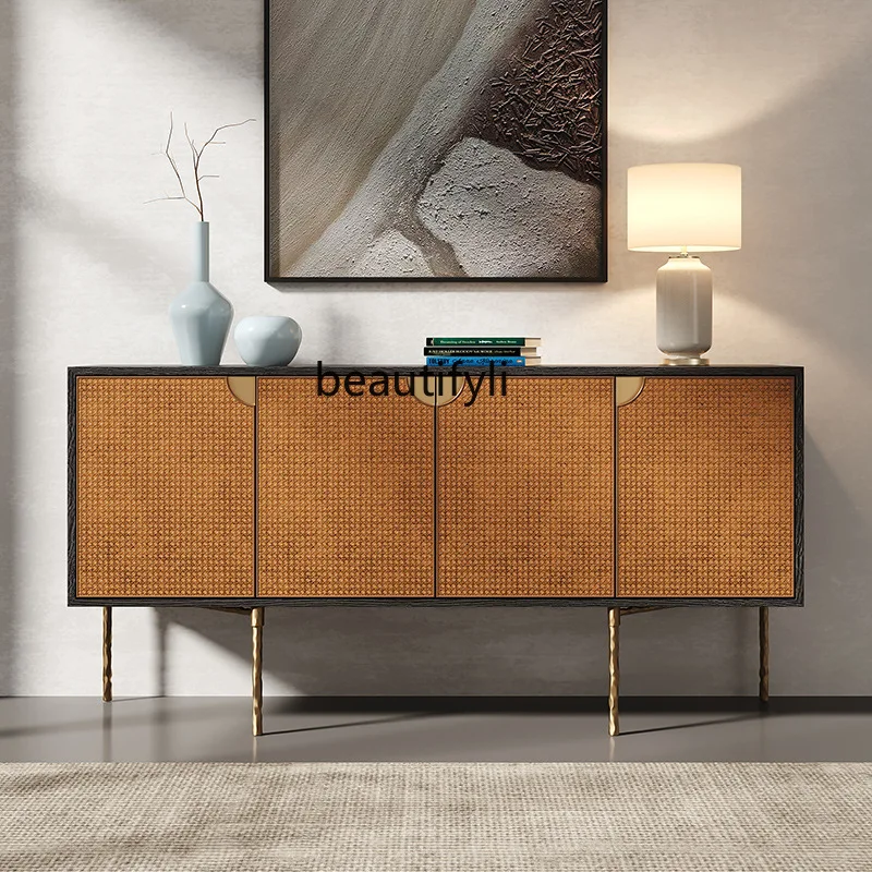 

Vintage Style Sideboard Retro Rattan Storage Home Living Room Decorative Cabinet Forged Iron Art Entryway Cabinet