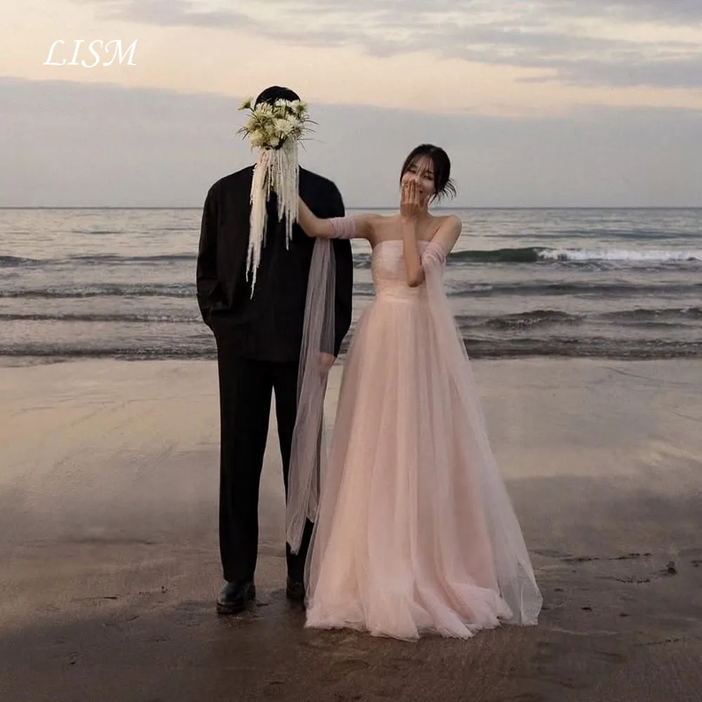 

LISM Baby Pink Bridal Wedding Snap Dresses Korean Style Soft Tulle Strapless Corset Outdoor Wedding Reception Dress Party Gown
