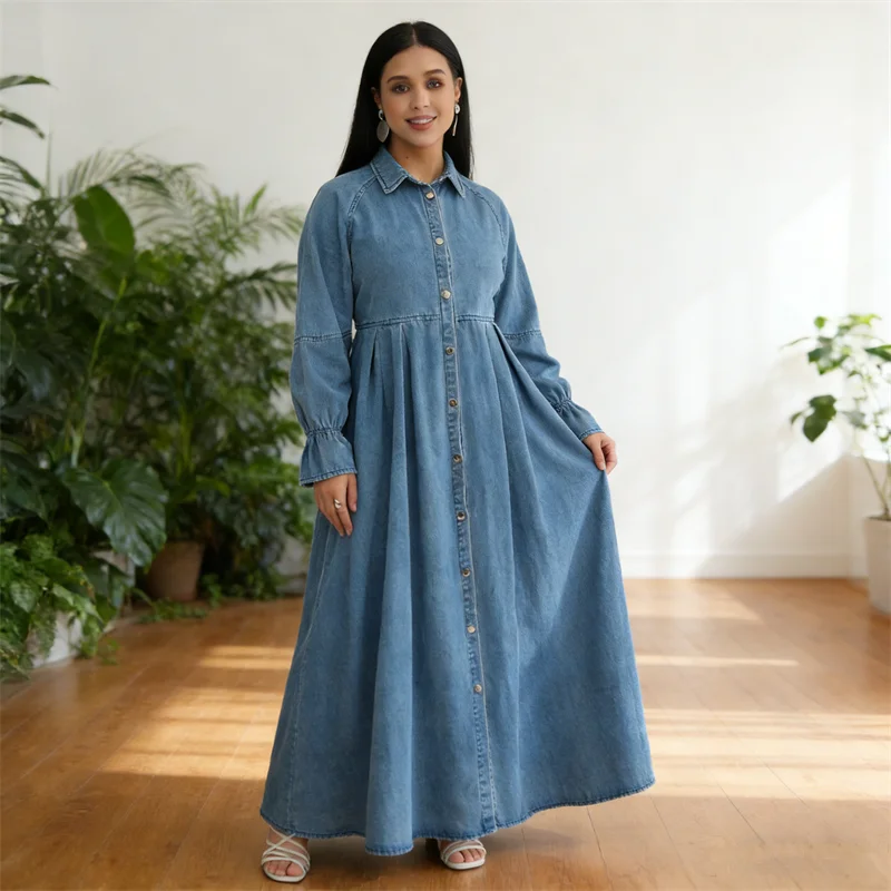 

Fashion Muslim Women Denim Abayas Long Maxi Dress Turkey Kaftan Islamic Arab Robe Dubai Eid Party Jalabiya Caftan Vestidos Gown