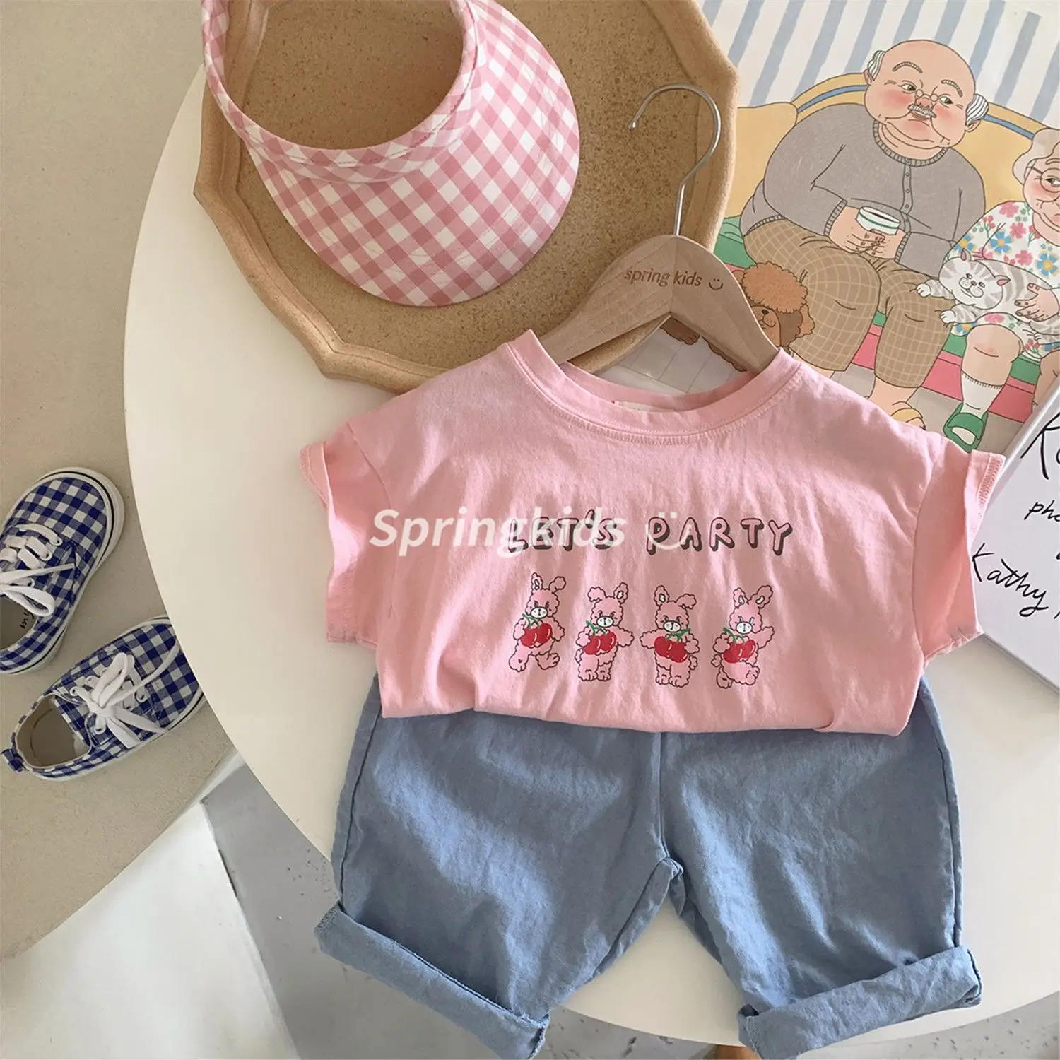 Camiseta de verano para niños, Top de algodón coreano para niños, camiseta de manga corta con estampado de conejo pequeño para niños